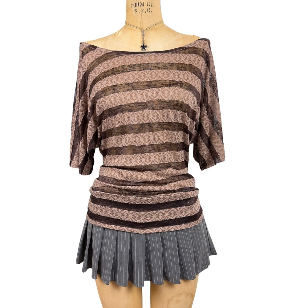 Y2K Zenana Burnout Lace Striped Top Relaxed Batwing Sleeve Grunge Boho Size L